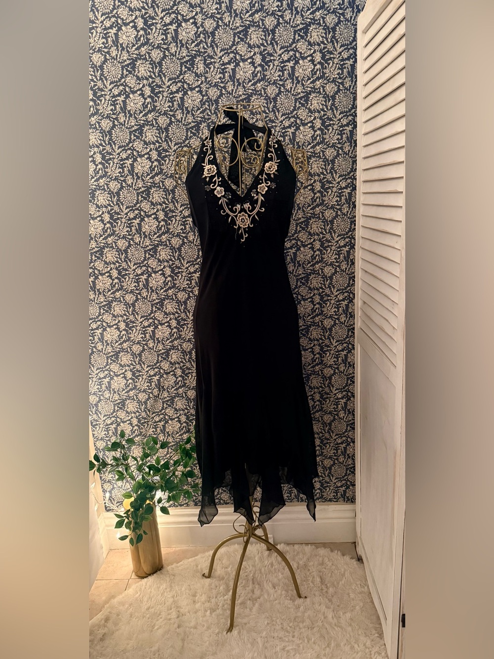 Vintage Y2K Black Floral Embroidered Halter Handkerchief Hem Dress